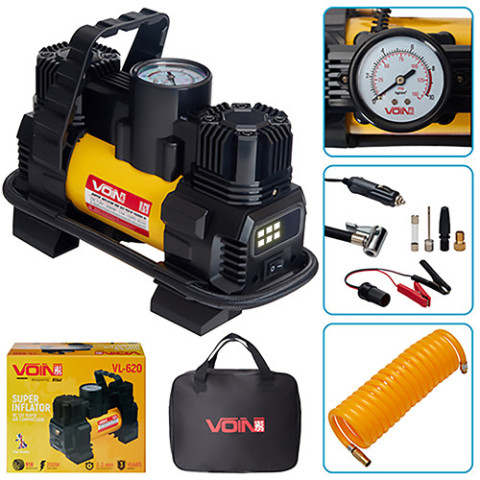 Купить Автомобильный компрессор «VOIN» VL-620 150 psi/15 А/85 л/прикуриватель/фонарик/переходник на клеммы/