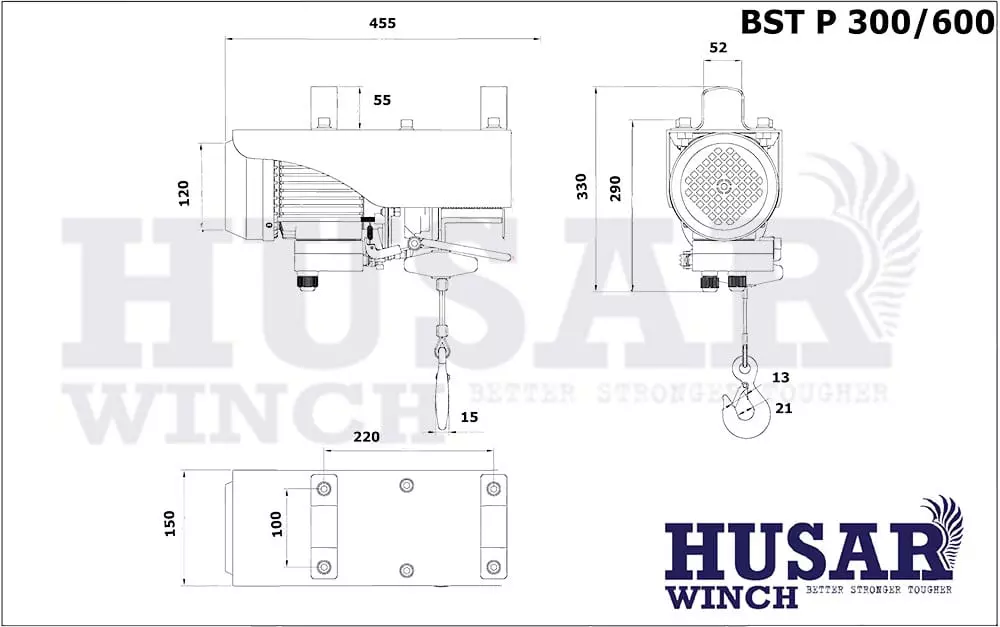 Розміри тельфера Husar BST P 300/600