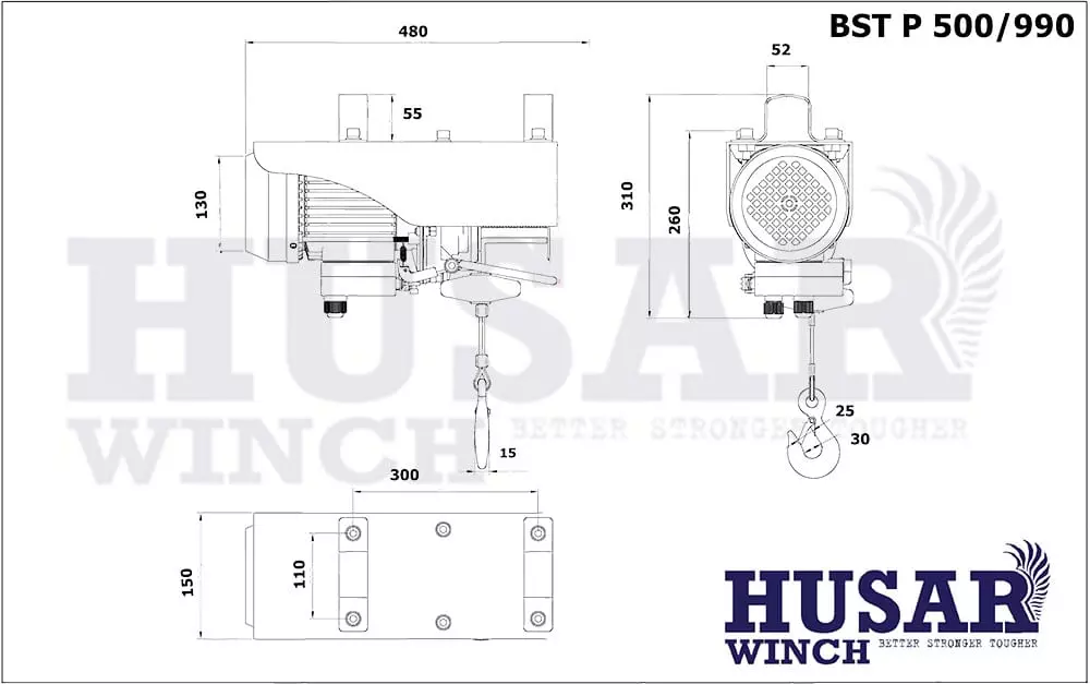 Размеры тельфера Husar BST P 500/990